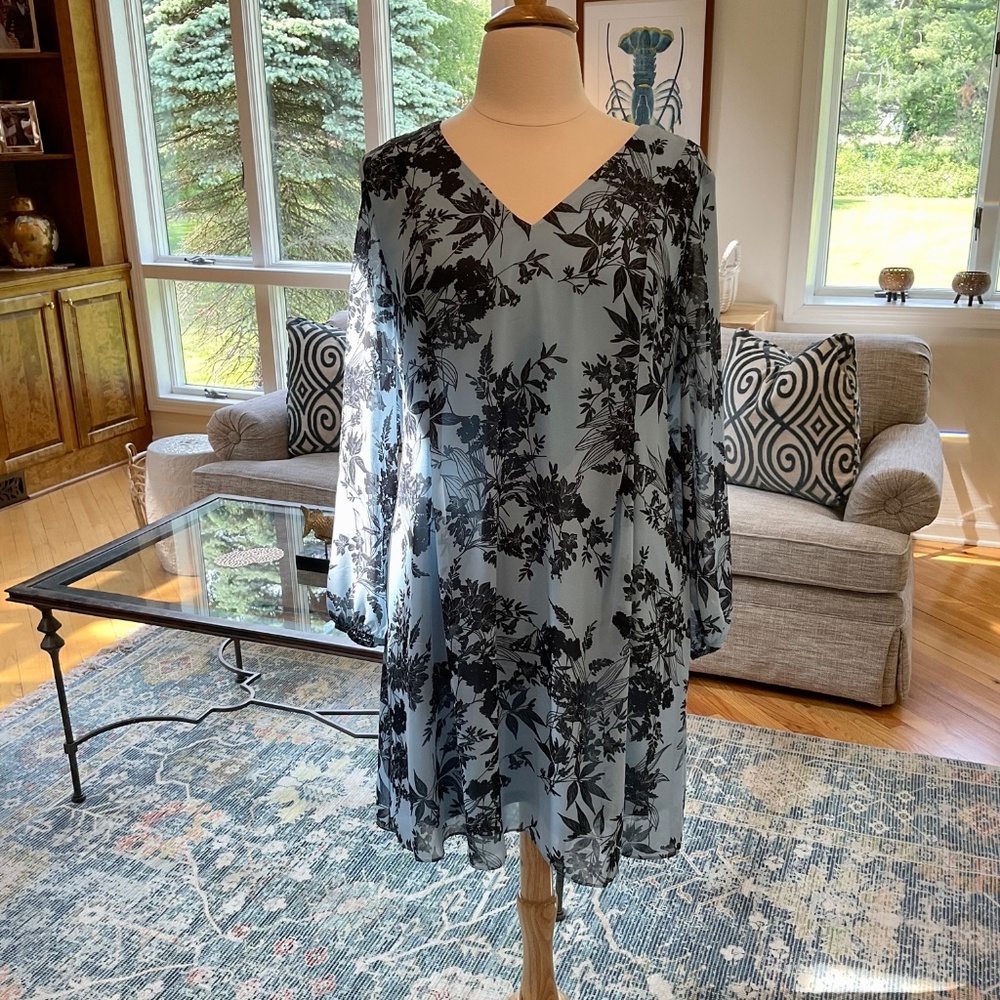 INC Chiffon 2 Tone Blue Floral Dress A-Line XL